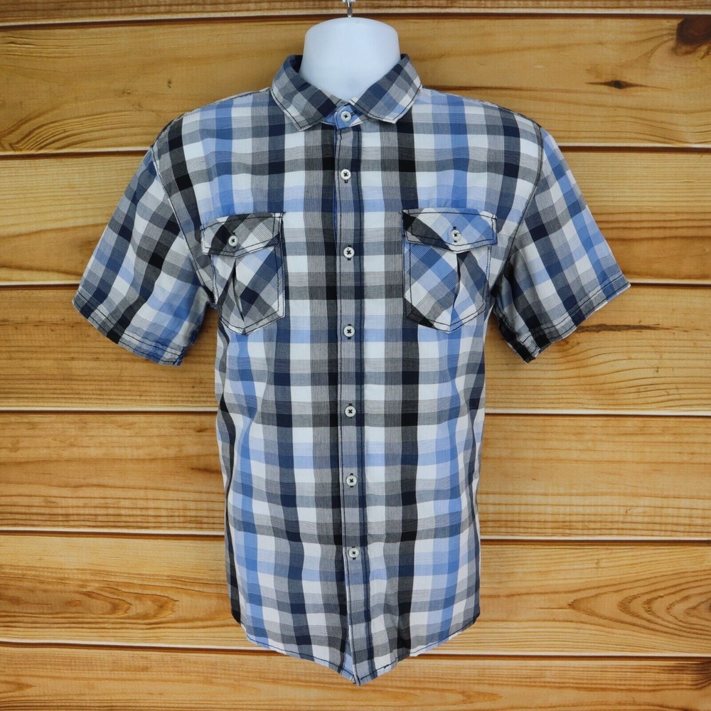 Michael Brandon Western Shirt Mens Size L Blue White Black Plaid Short Sleeve‎